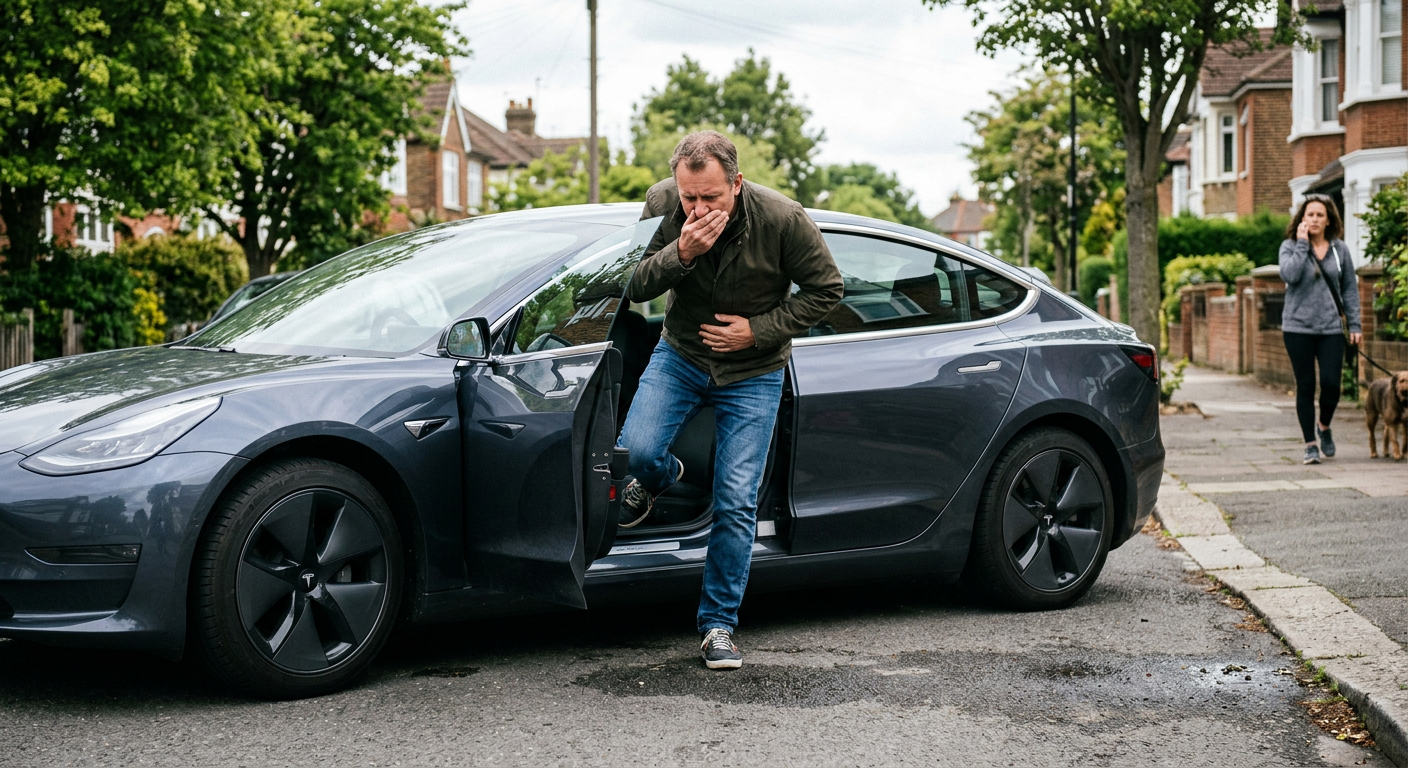 Man being sick getting out of a Tesla
